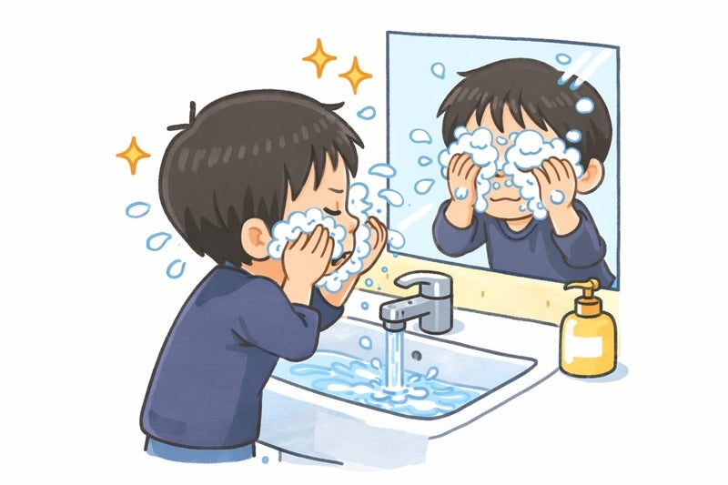 だいたの夫 まだ少し怖い息子の洗顔の画像