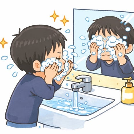 だいたの夫 まだ少し怖い息子の洗顔の画像