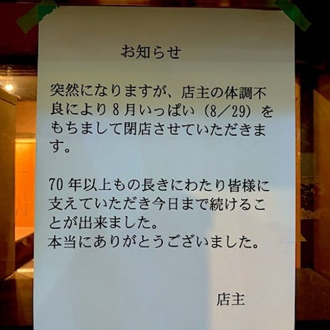若い頃お世話になった店の突然閉店の画像