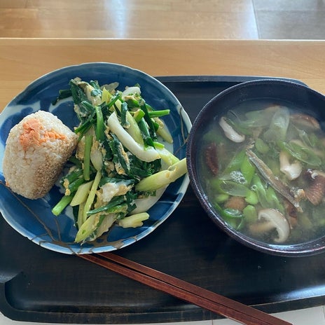 しっかり食べた玄米おにぎりと味噌汁の画像
