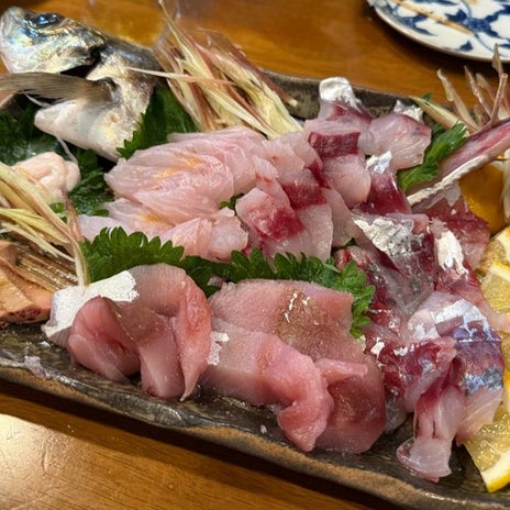 オーナーが釣った新鮮な海の幸の刺身の画像