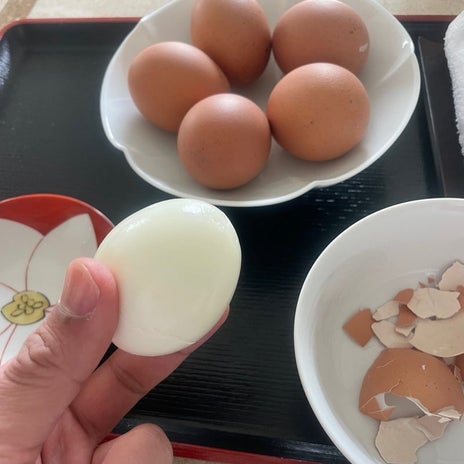 團十郎 一時帰宅し朝食にゆで卵の画像