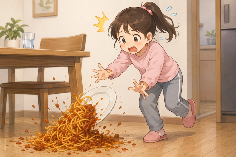 赤く染まったラグと娘のパスタの画像
