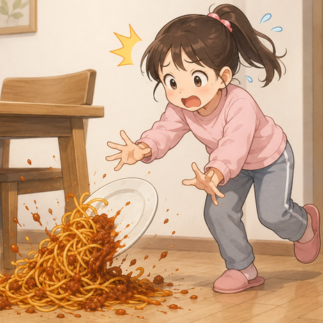 赤く染まったラグと娘のパスタの画像
